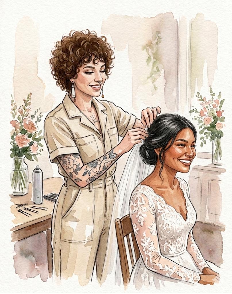 Aquarela de hairstylist finalizando o penteado e o véu de uma noiva sorridente