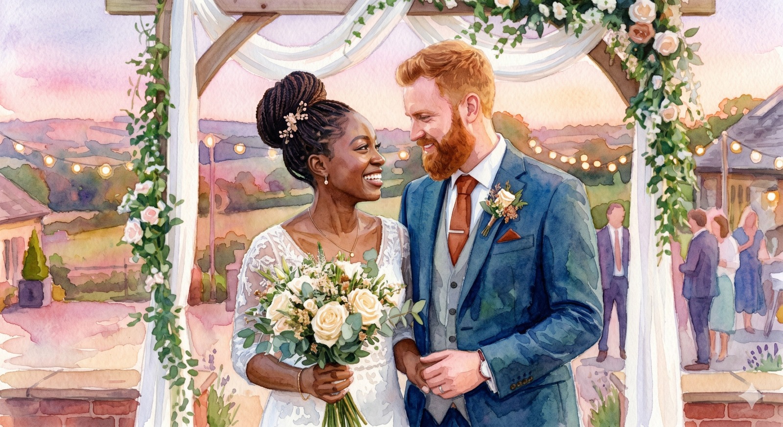 Aquarela de um casal de noivos sob arco floral