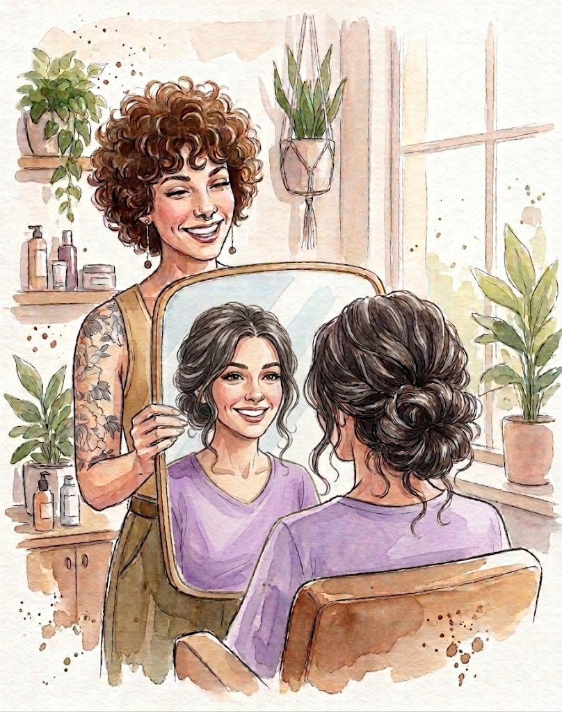 Aquarela de maquiadora mostrando no espelho o penteado finalizado de uma noiva sorridente