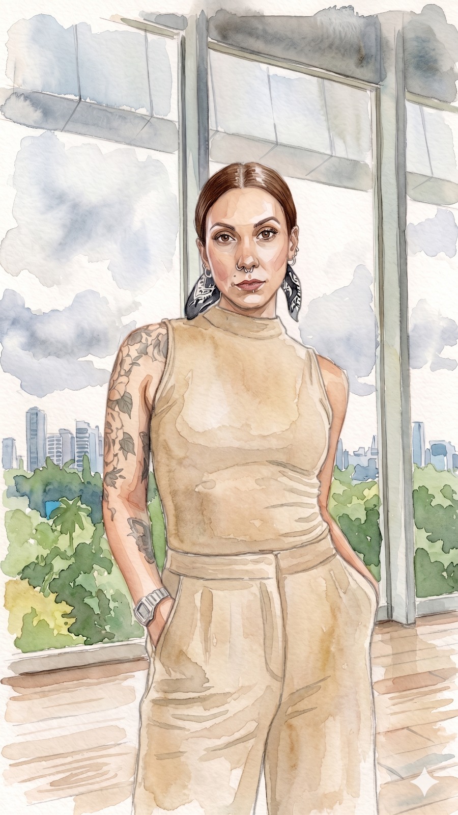 Retrato em aquarela de Arih, fundadora do Arih Ateliê