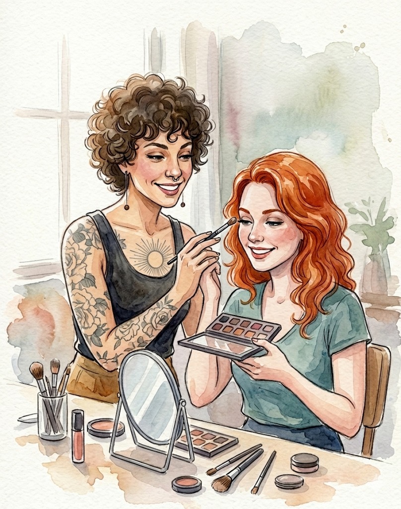 Aquarela de uma aula de automaquiagem com cartela de sombras e espelho